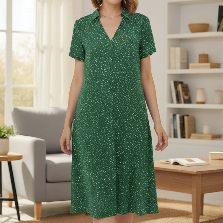 Elyse | Chic V-Neck Polka Dot Midi Dress With Short Sleeves