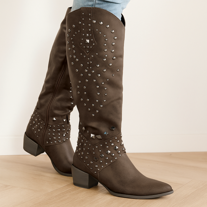 Evelyn | Stylish Studded Western Knee-High Boots