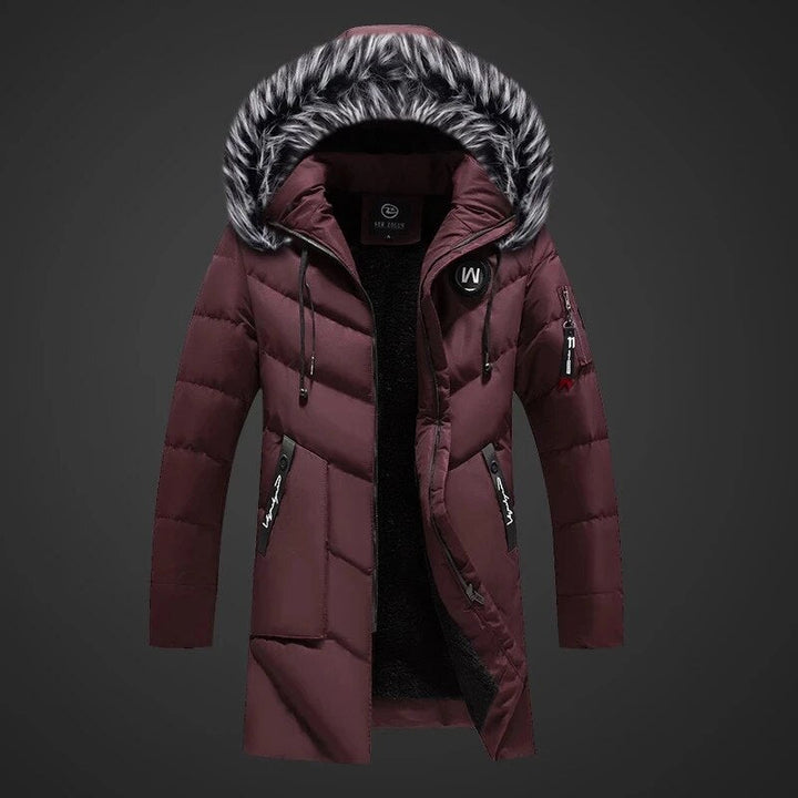 Men's Navy Blue Quilted Long Winter Parka With Fur Hood