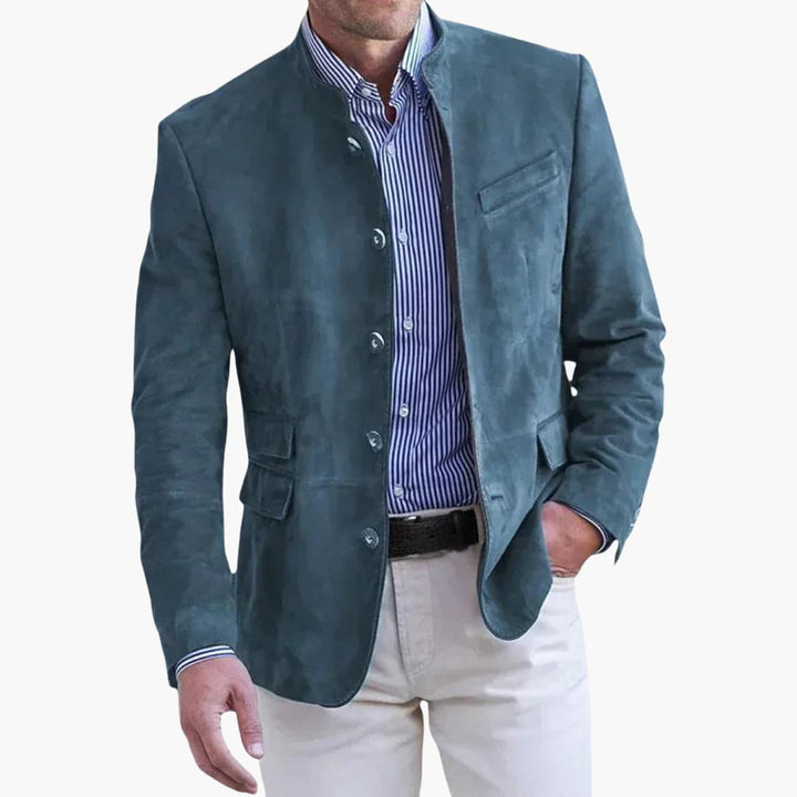Evelyn | Elegant Men's Tan Stand Collar Blazer With Button Front