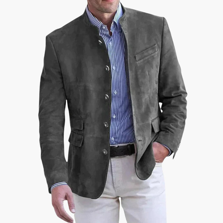 Evelyn | Elegant Men's Tan Stand Collar Blazer With Button Front