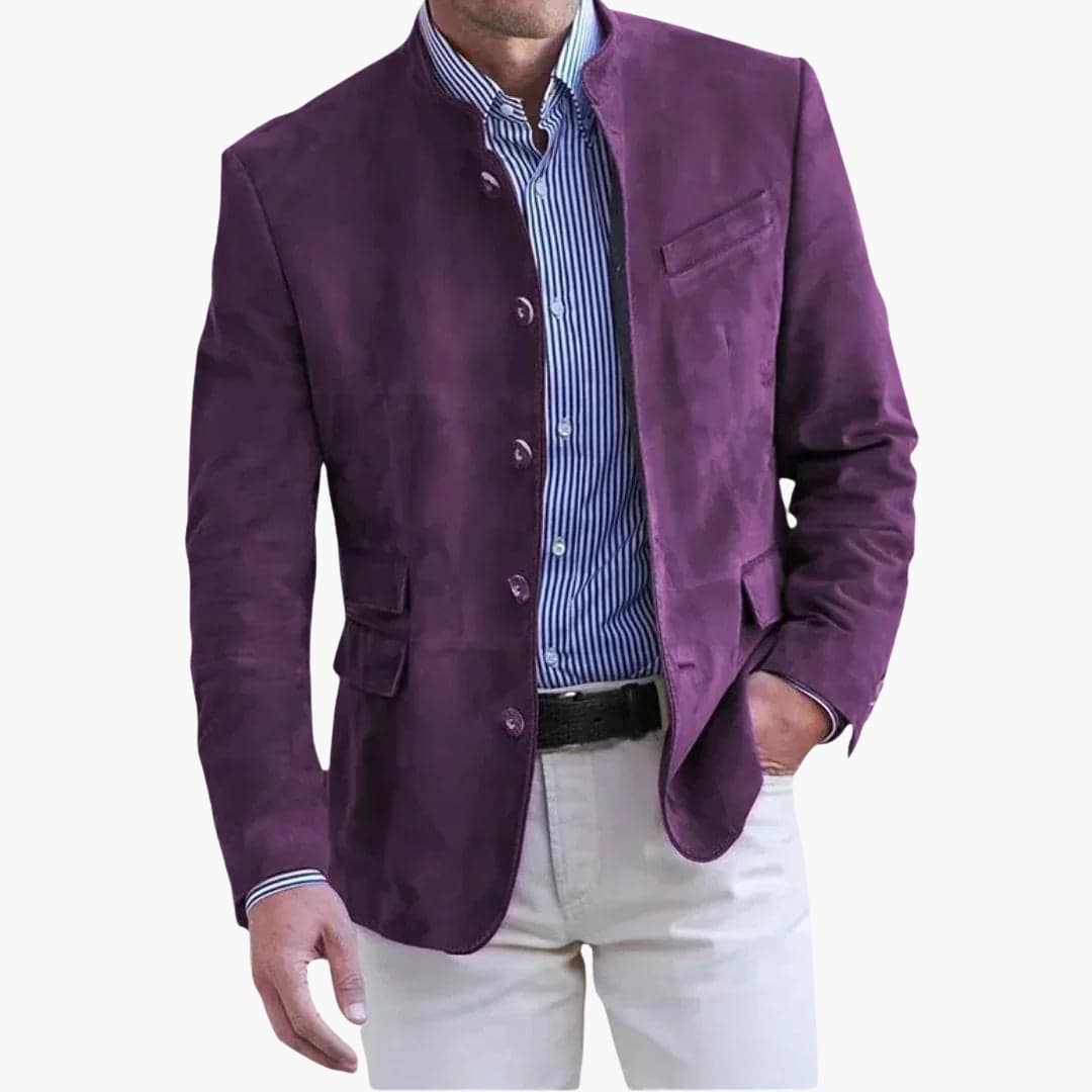 Evelyn | Elegant Men's Tan Stand Collar Blazer With Button Front