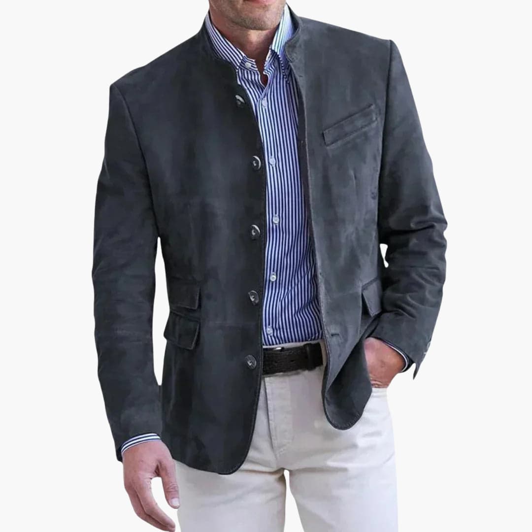 Evelyn | Elegant Men's Tan Stand Collar Blazer With Button Front