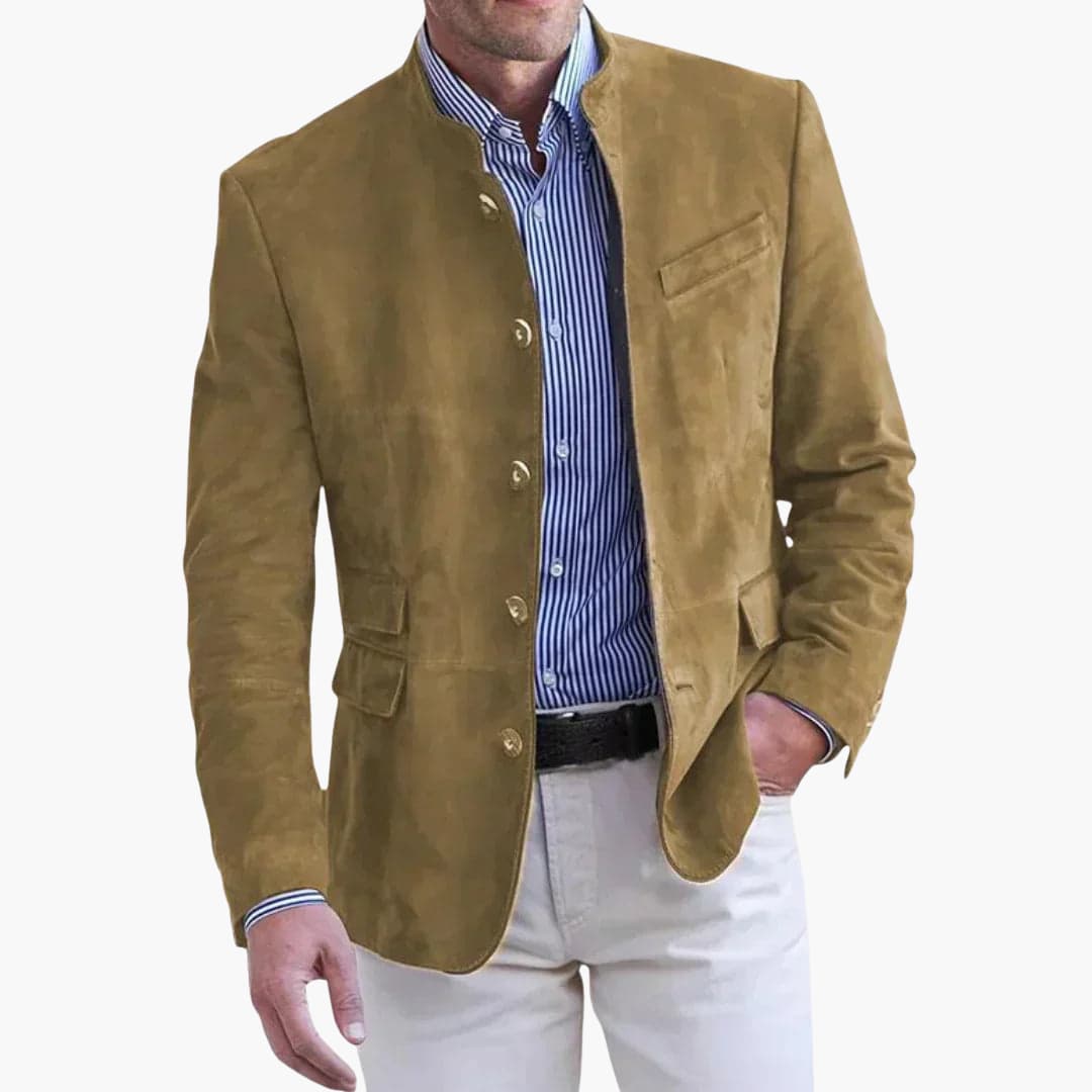 Evelyn | Elegant Men's Tan Stand Collar Blazer With Button Front