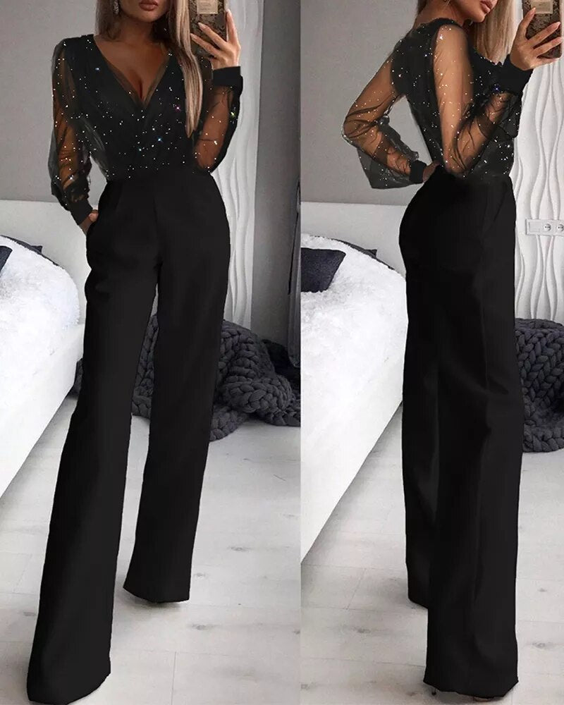 Cora | Elegant V-Neck Long Sleeve Sparkle Wide Leg Jumpsuit