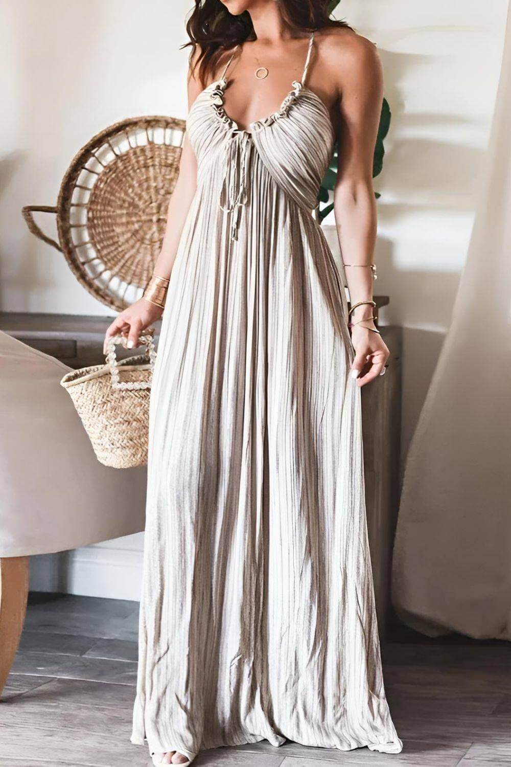 Sybil | Elegant Pleated Halter Maxi Dress