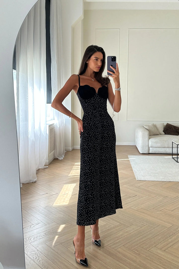 Polka Dot Velvet Insert Sleeveless Midi Dress Women - Black