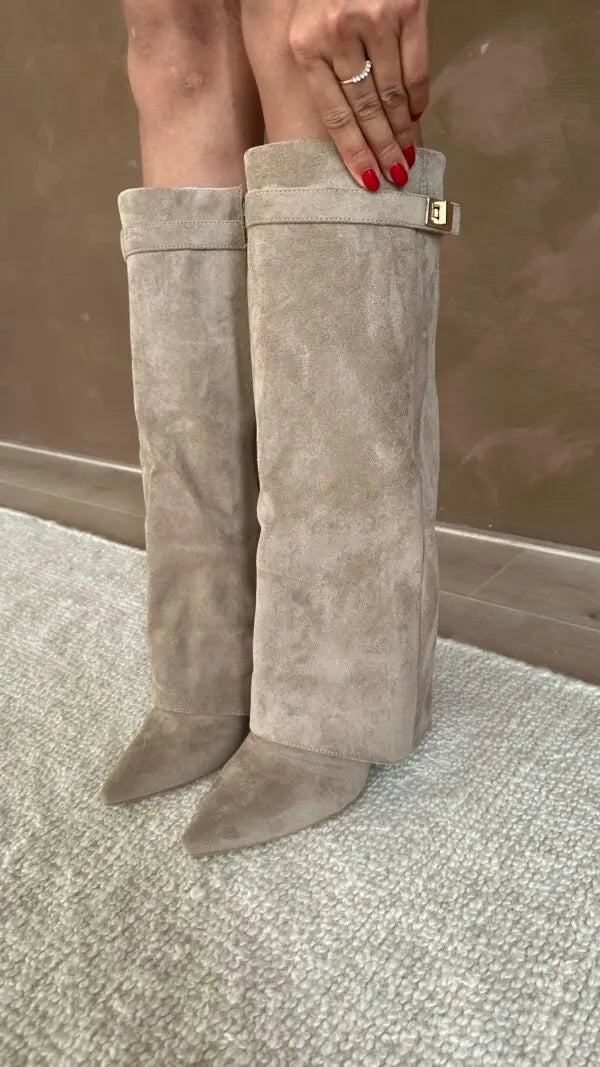 Victoria | Elegant Knee High Suede Boots With Block Heels