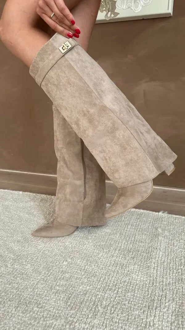 Victoria | Elegant Knee High Suede Boots With Block Heels