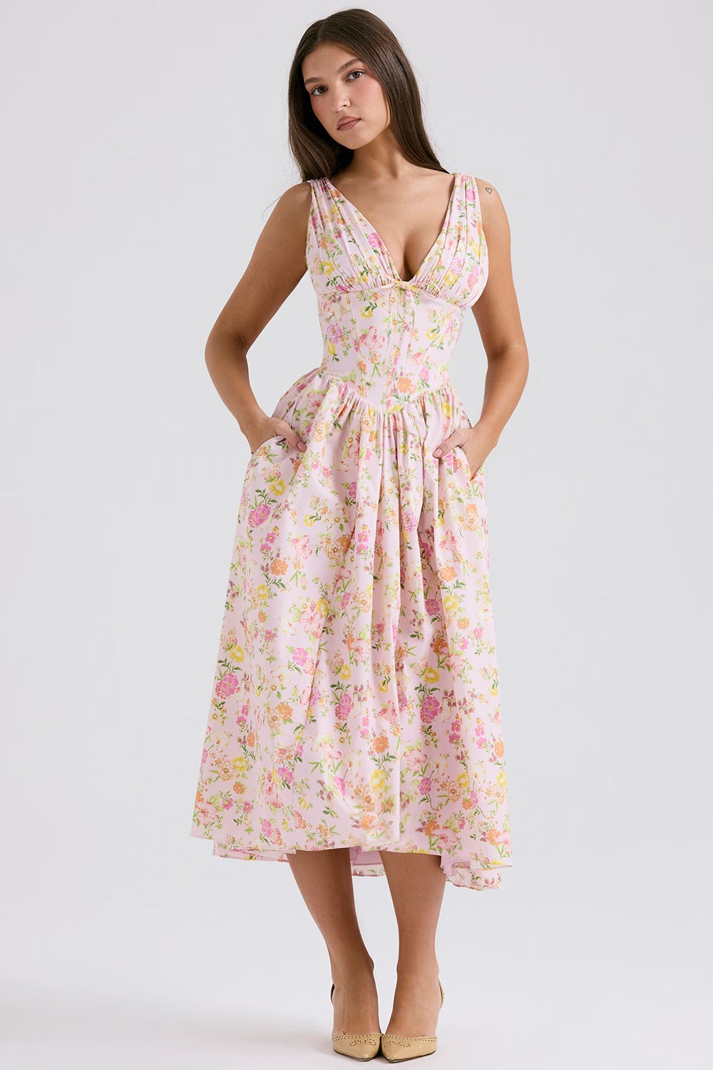 Sybil | Floral V-Neck Midi Dress With Fit And Flare Silhouette