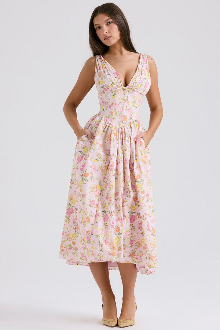 Sybil | Floral V-Neck Midi Dress With Fit And Flare Silhouette