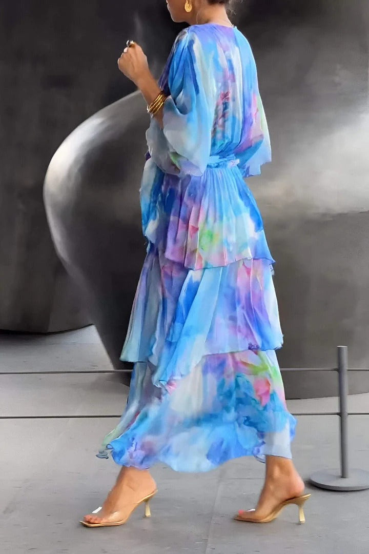 Sybil | Elegant V-Neck Tiered Watercolor Maxi Dress