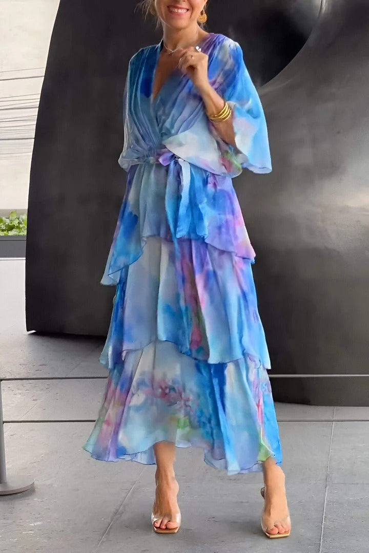 Sybil | Elegant V-Neck Tiered Watercolor Maxi Dress