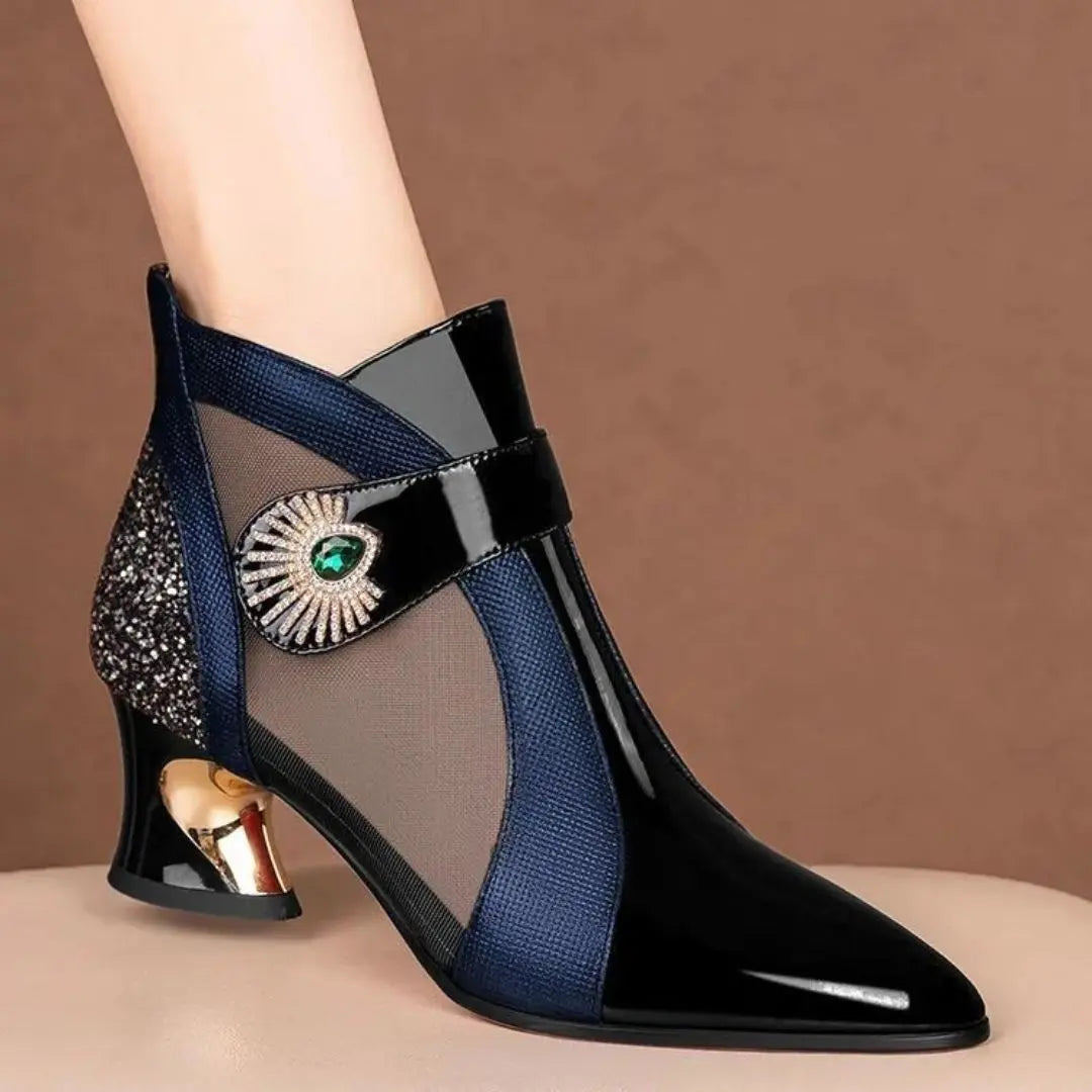 Margot | Sleek Patent Leather Ankle Boots With Metallic Block Heel