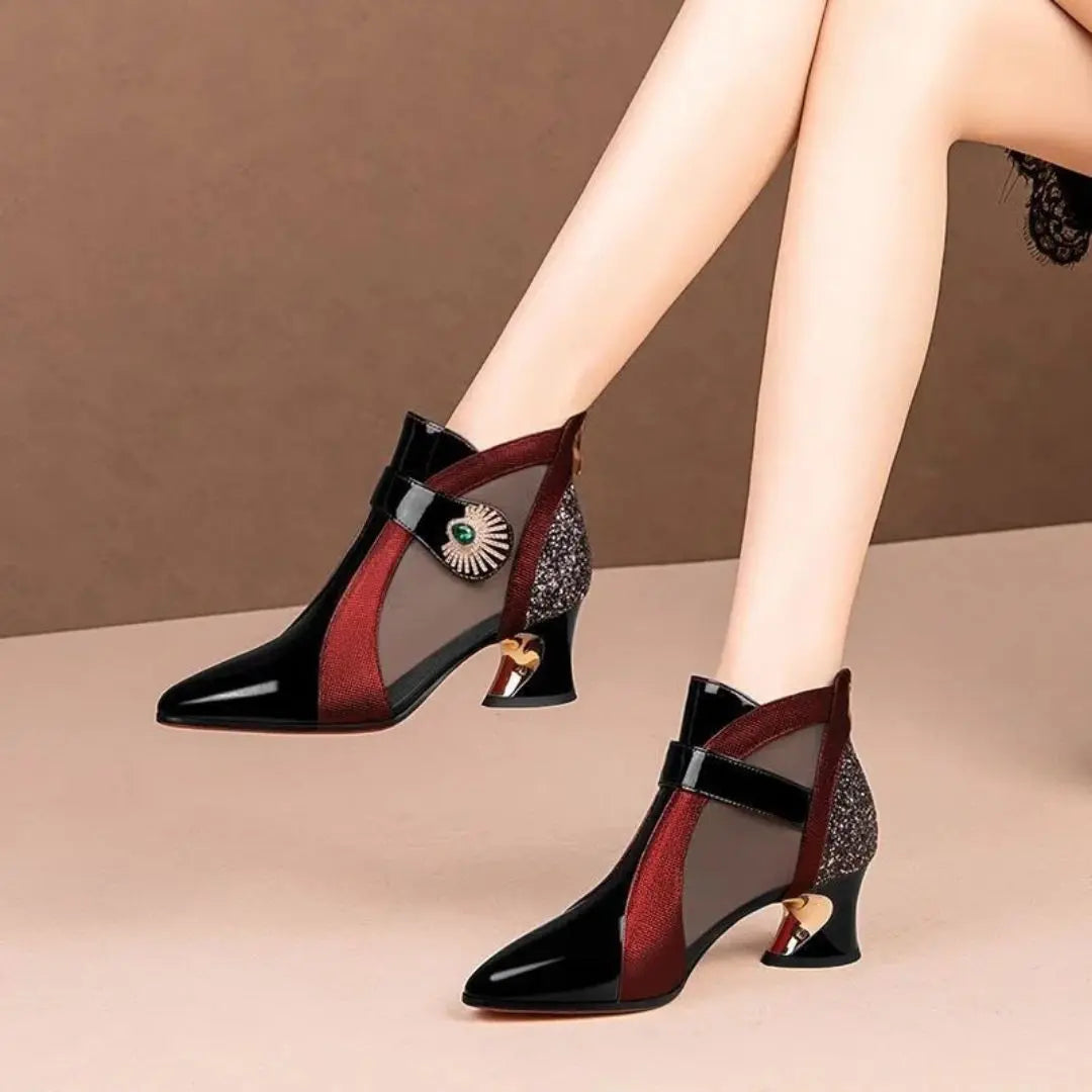 Margot | Sleek Patent Leather Ankle Boots With Metallic Block Heel