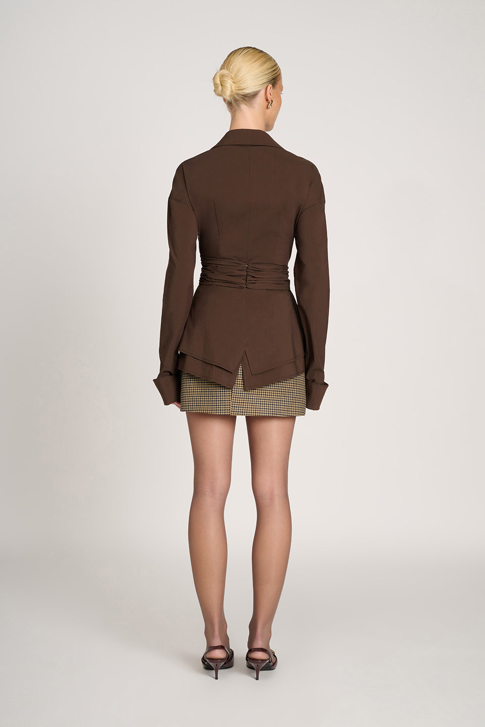 Klaudia | Elegant Wrap Long Sleeve Collared Top With Structured Waist