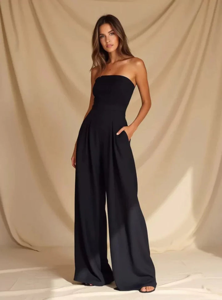 Valentina | Elegant Strapless Wide Leg Jumpsuit Navy