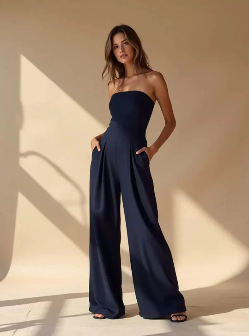 Valentina | Elegant Strapless Wide Leg Jumpsuit Navy