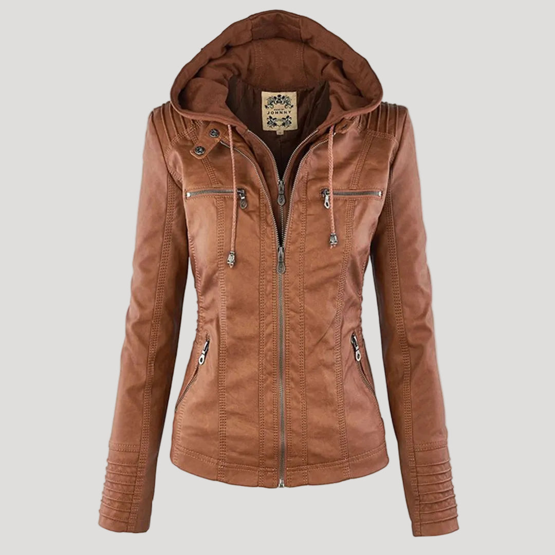 Zara | Chic Hooded Faux Leather Moto Jacket With Zip Details