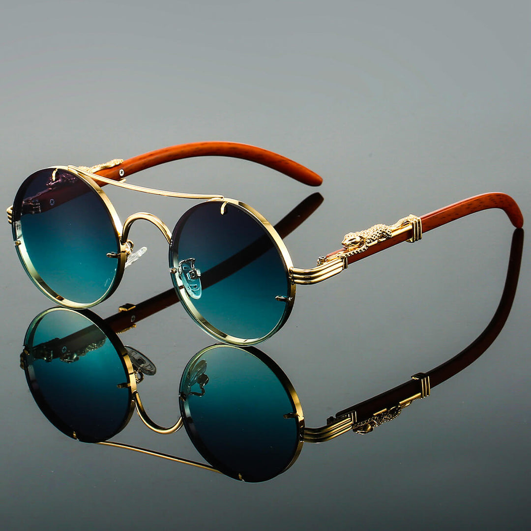 Enya | Vintage Round Blue Tint Sunglasses With Gold Frame