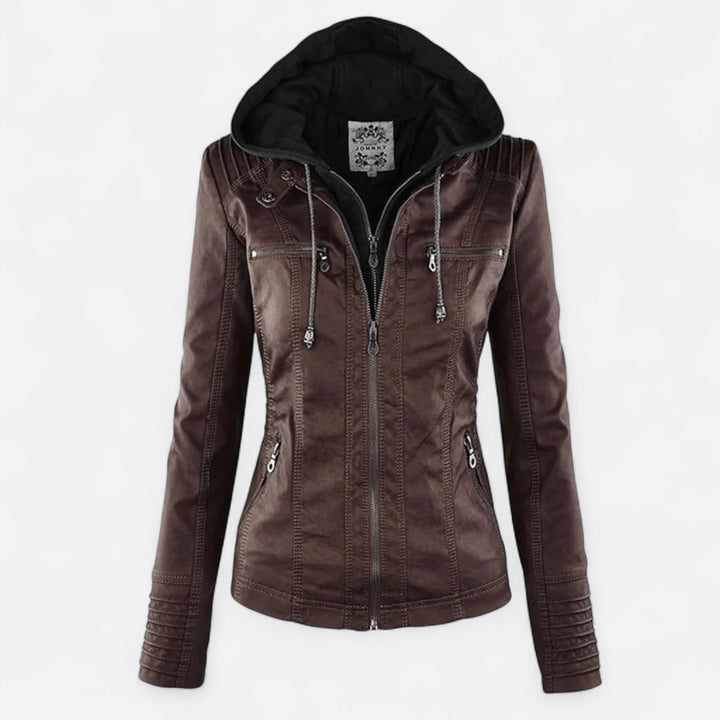Ruby | Chic Hooded Brown Leather Moto Jacket Women