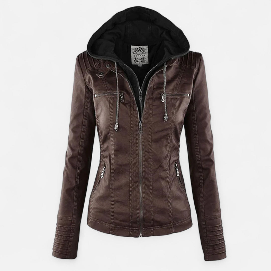 Ruby | Chic Hooded Brown Leather Moto Jacket Women