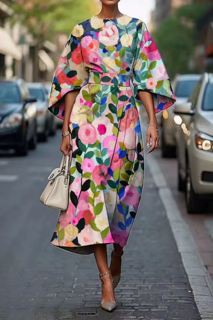 Sybil | Elegant Floral Print Midi Dress With Flutter Sleeves