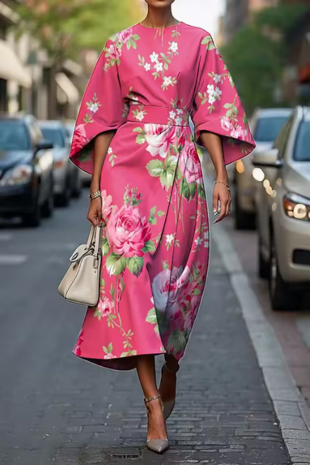 Sybil | Elegant Floral Print Midi Dress With Flutter Sleeves