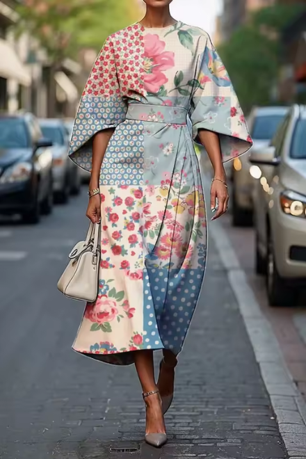 Sybil | Elegant Floral Print Midi Dress With Flutter Sleeves