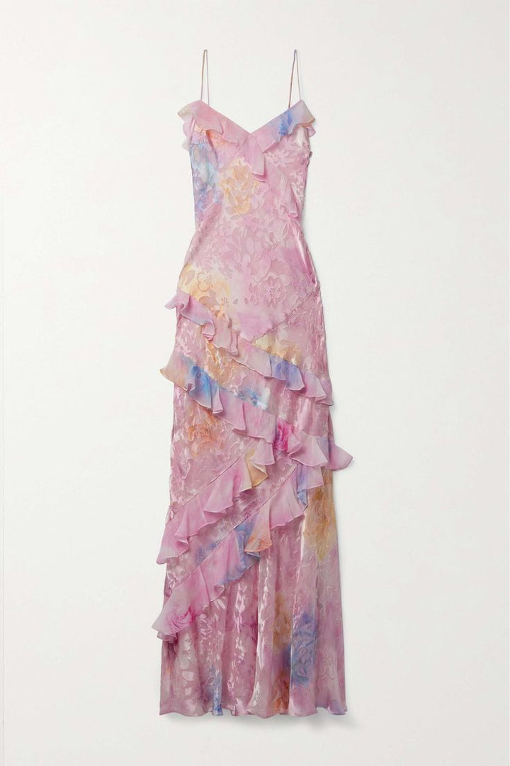 Sybil | Elegant Tiered Ruffle V-Neck Floral Maxi Dress