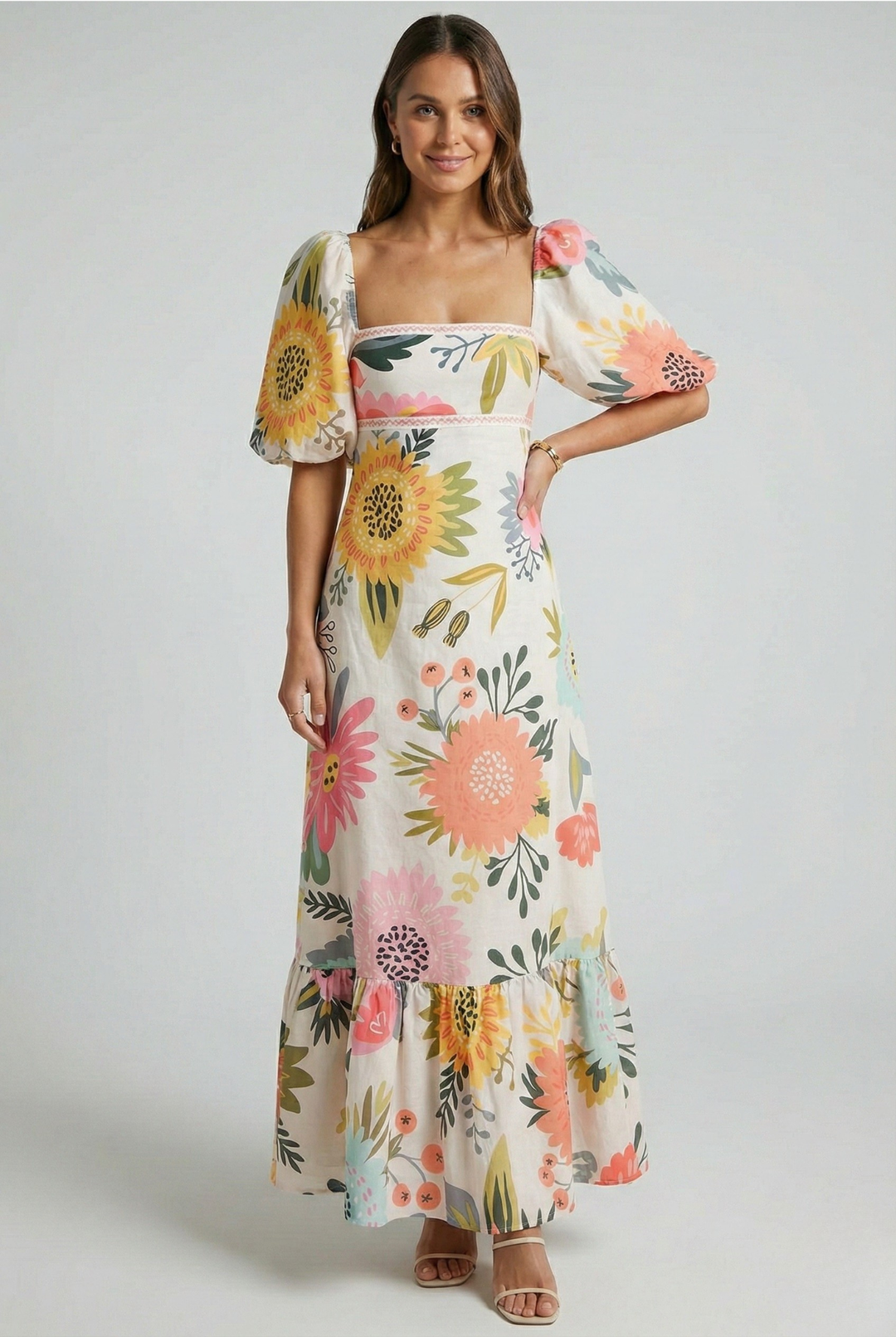 Margot | Elegant Floral Square Neck Puff Sleeve Maxi Dress