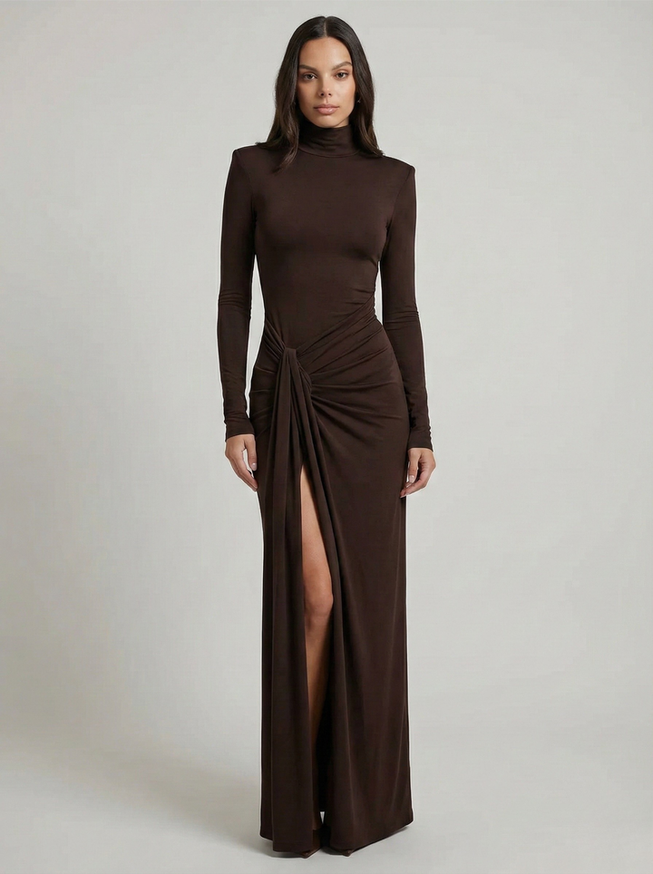 Luna | Elegant Turtleneck Ruched Slit Maxi Dress