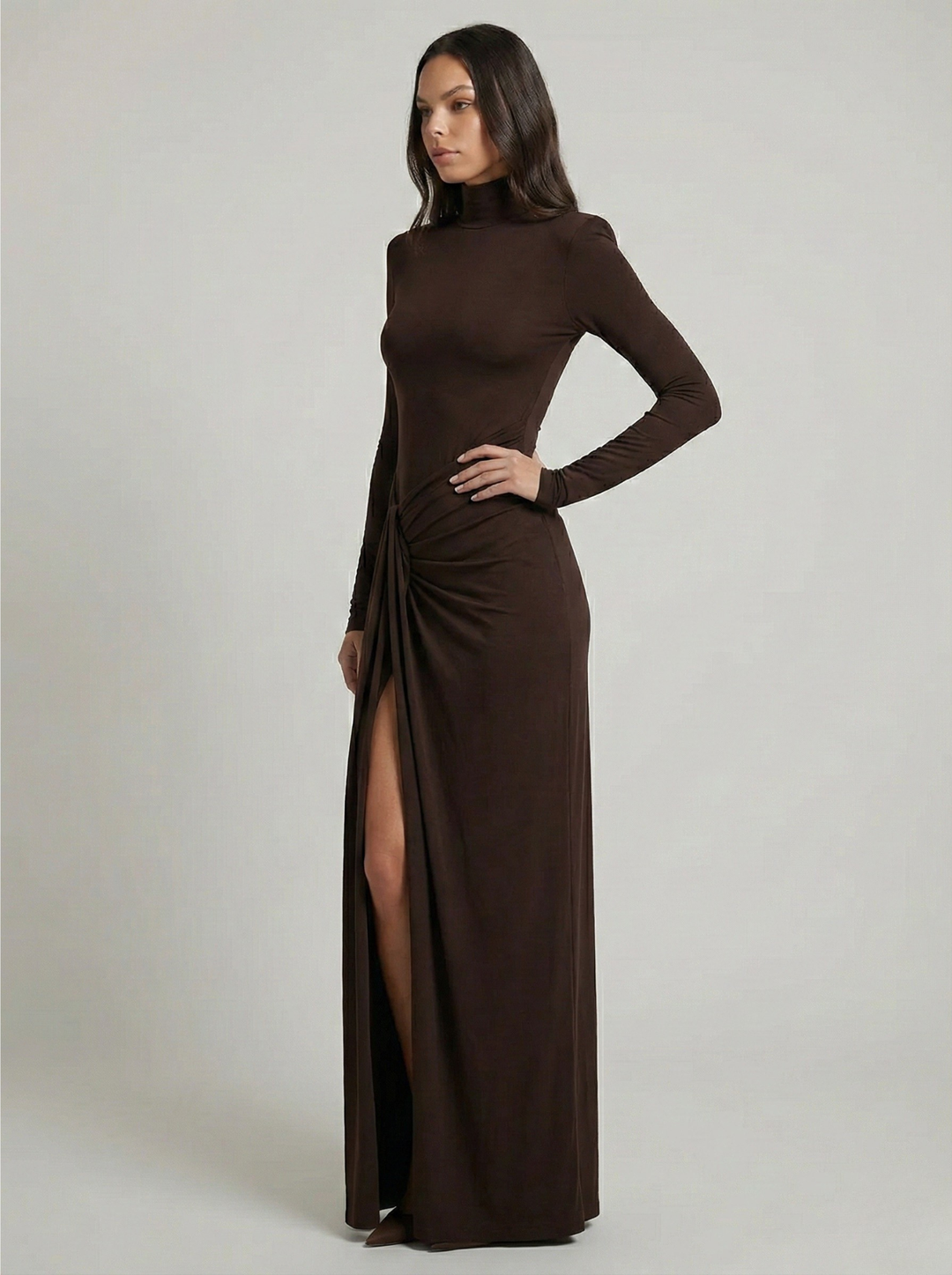 Luna | Elegant Turtleneck Ruched Slit Maxi Dress