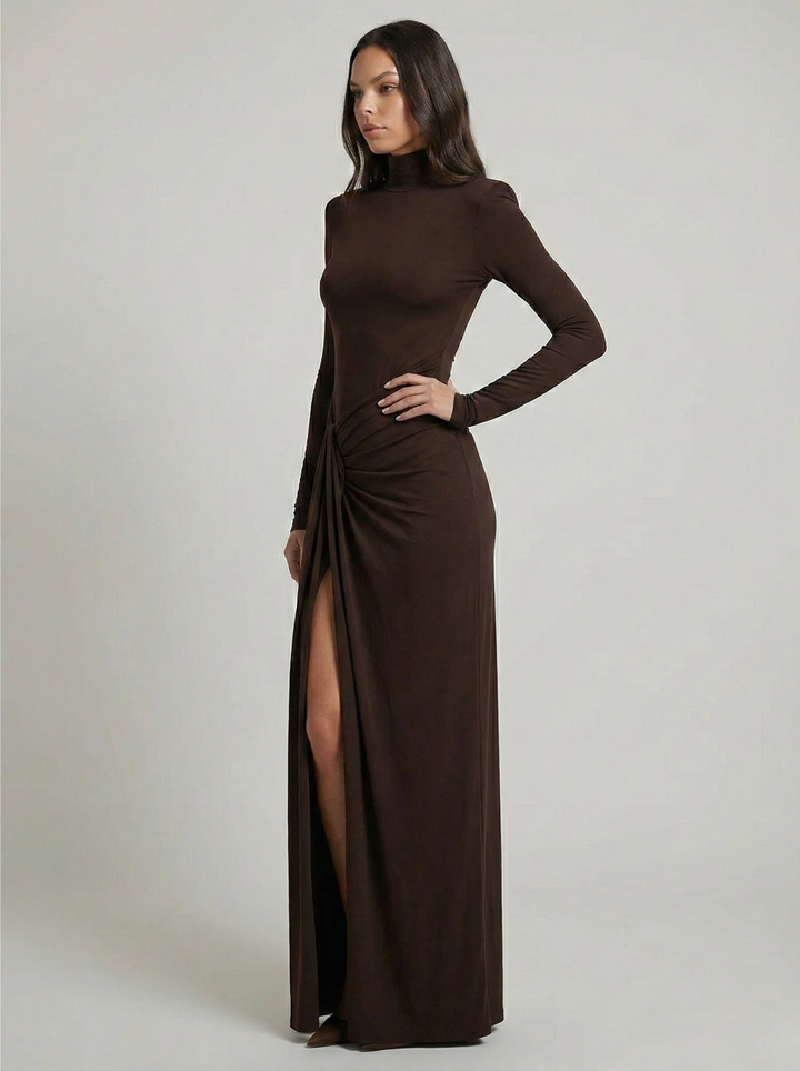 Luna | Elegant Turtleneck Ruched Slit Maxi Dress