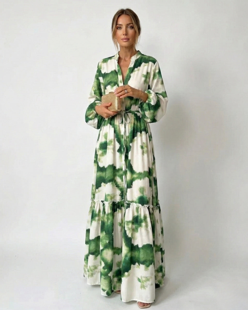 Elyse | Elegant Green Tie-Waist V-Neck Tiered Maxi Dress