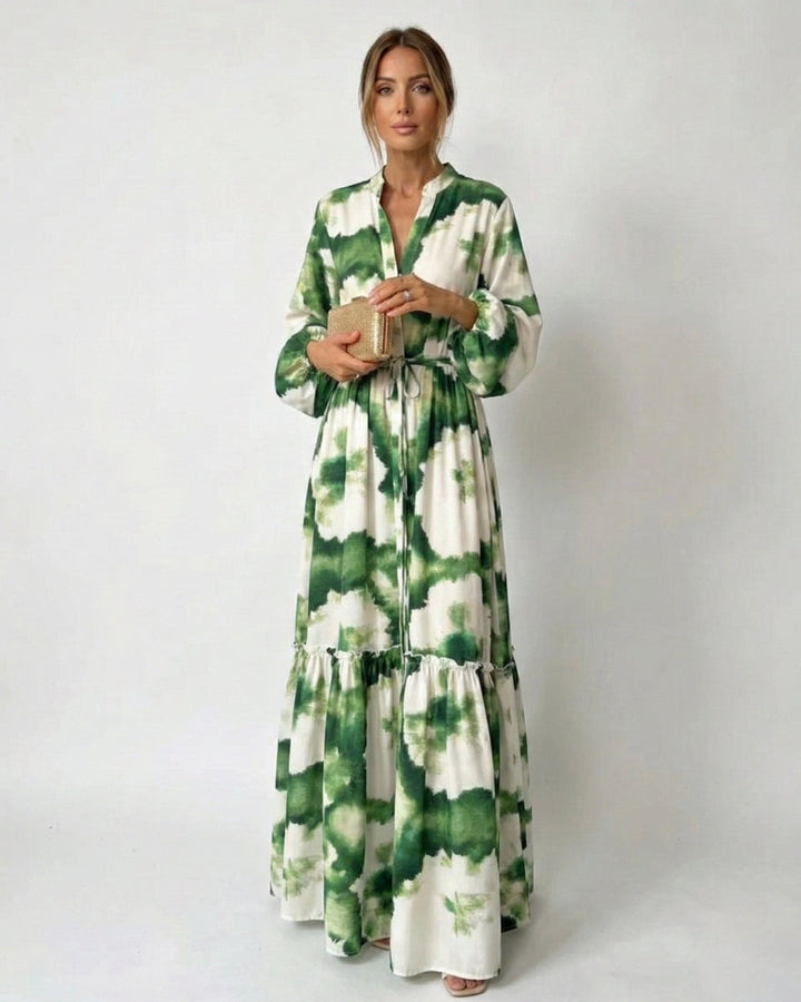 Elyse | Elegant Green Tie-Waist V-Neck Tiered Maxi Dress