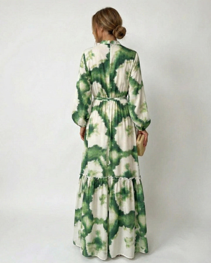 Elyse | Elegant Green Tie-Waist V-Neck Tiered Maxi Dress