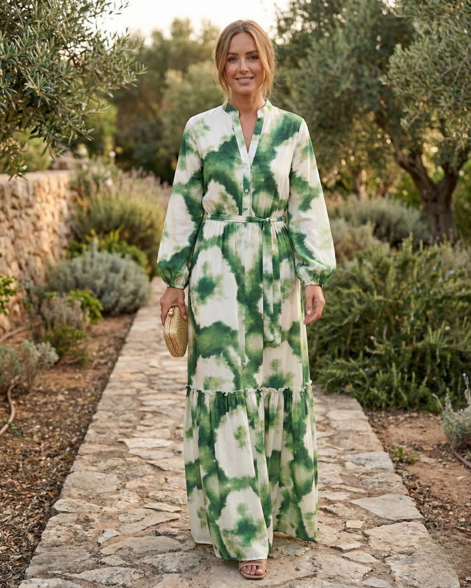 Elyse | Elegant Green Tie-Waist V-Neck Tiered Maxi Dress