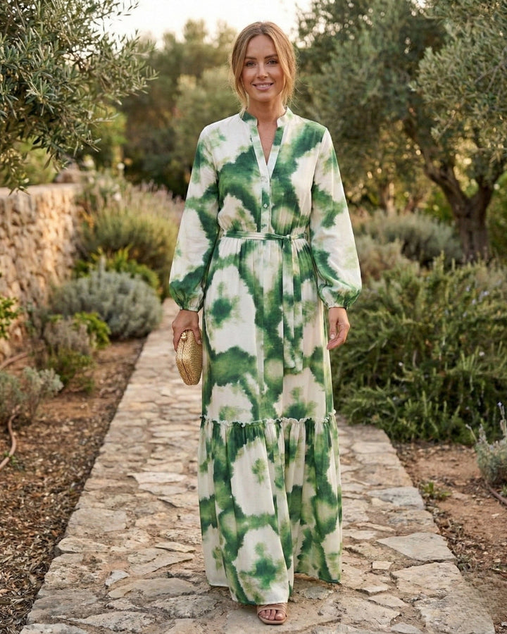 Elyse | Elegant Green Tie-Waist V-Neck Tiered Maxi Dress