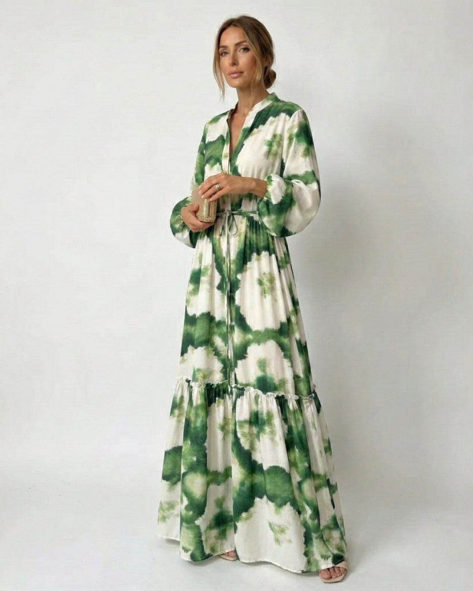 Elyse | Elegant Green Tie-Waist V-Neck Tiered Maxi Dress