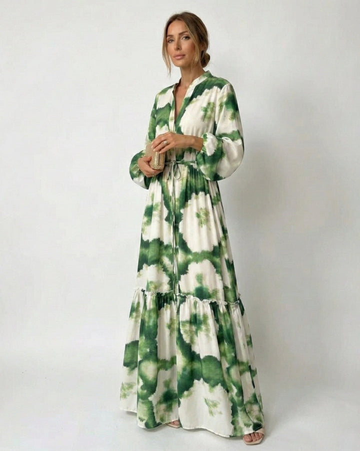 Elyse | Elegant Green Tie-Waist V-Neck Tiered Maxi Dress