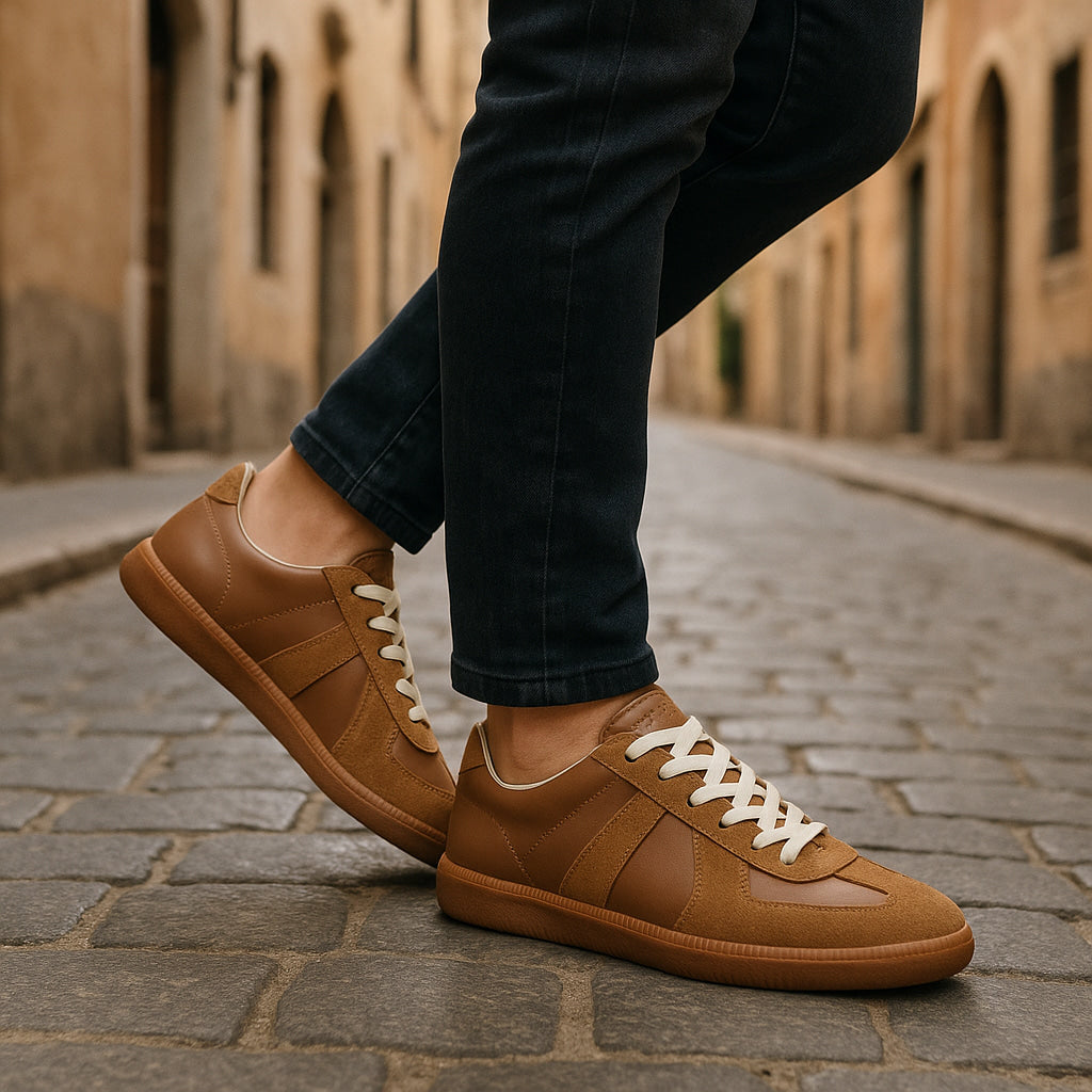 Brooks | Stylish Men's Brown Leather Lace-Up Sneakers With Gum Sole