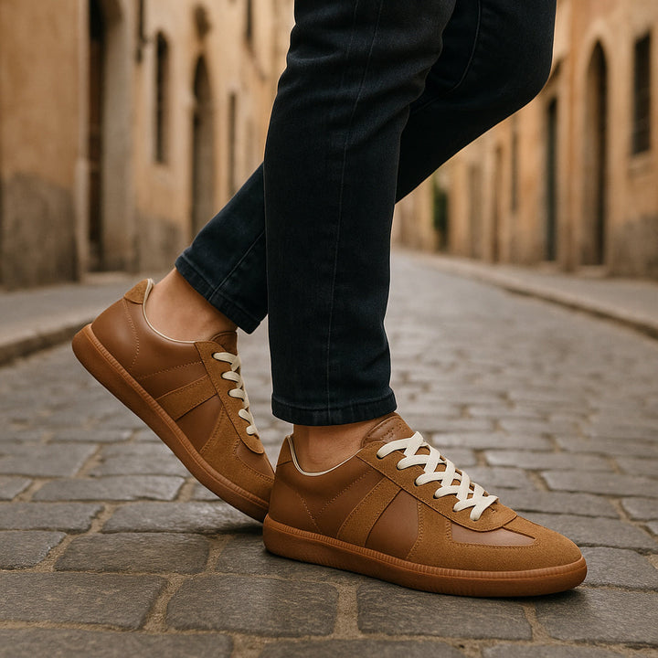 Brooks | Stylish Men's Brown Leather Lace-Up Sneakers With Gum Sole