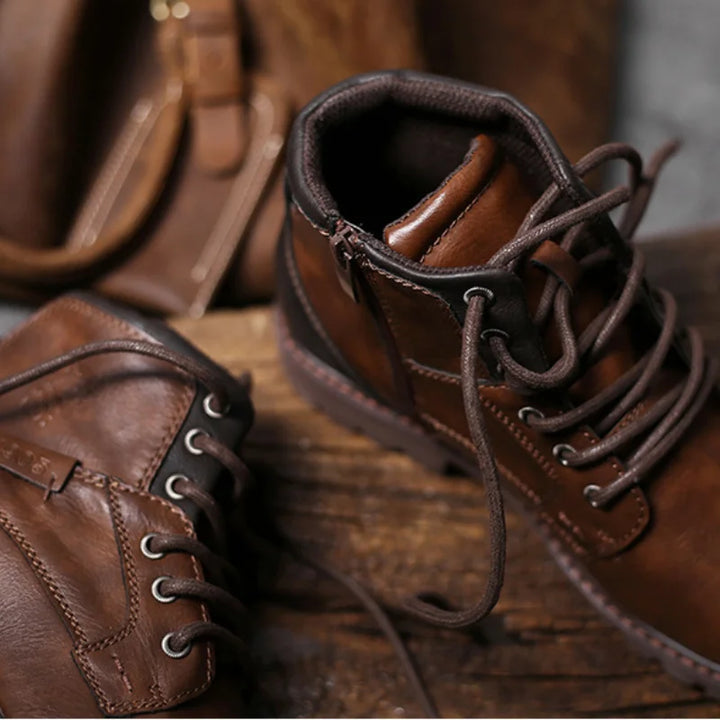 Evelyn | Stylish Brown Leather Ankle Work Boots Men - Lace Up