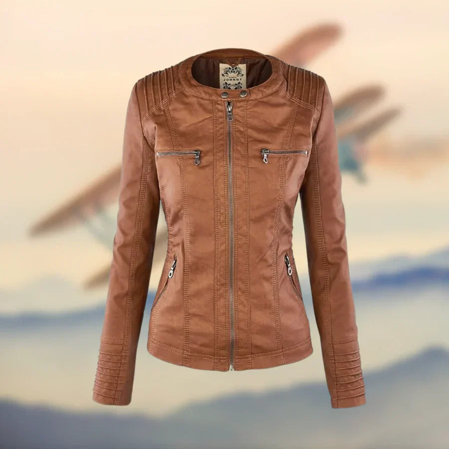 Elyse | Chic Hooded Faux Leather Jacket With Zip Details