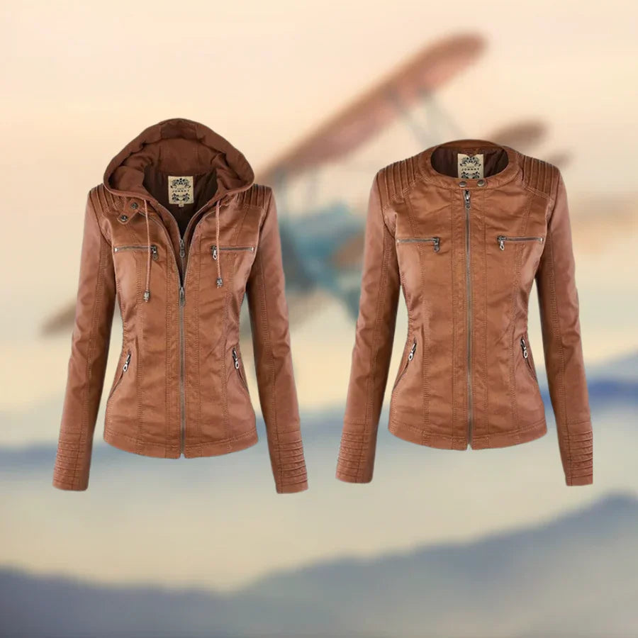 Elyse | Chic Hooded Faux Leather Jacket With Zip Details