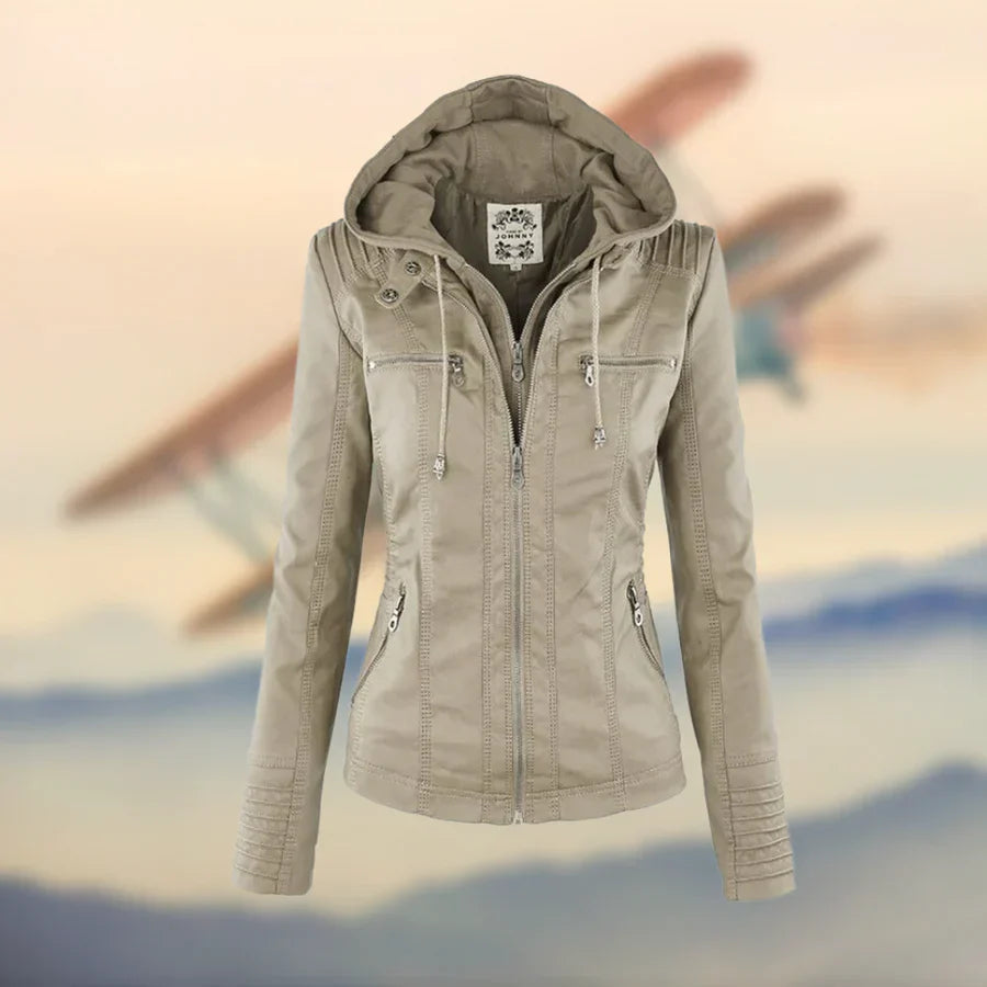 Elyse | Chic Hooded Faux Leather Jacket With Zip Details