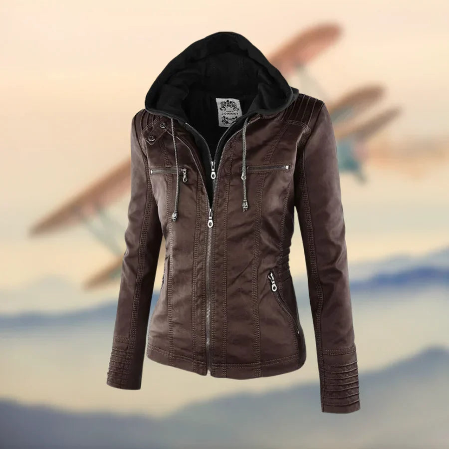 Elyse | Chic Hooded Faux Leather Jacket With Zip Details