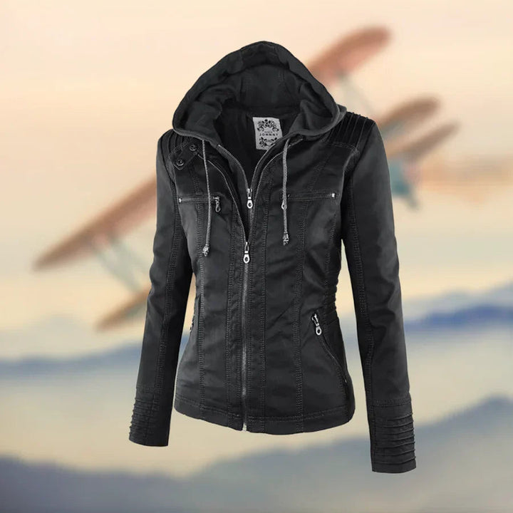 Elyse | Chic Hooded Faux Leather Jacket With Zip Details