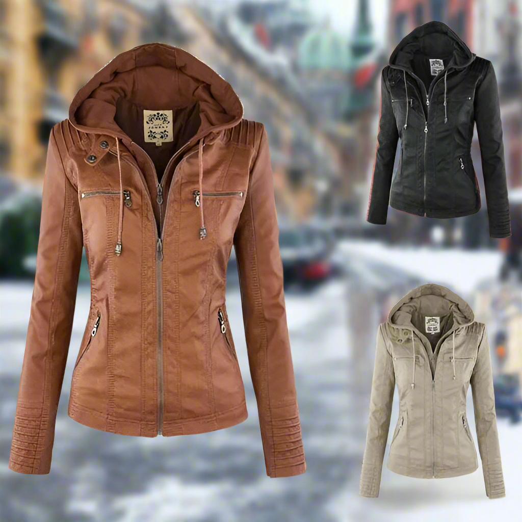 Elyse | Chic Hooded Faux Leather Jacket With Zip Details